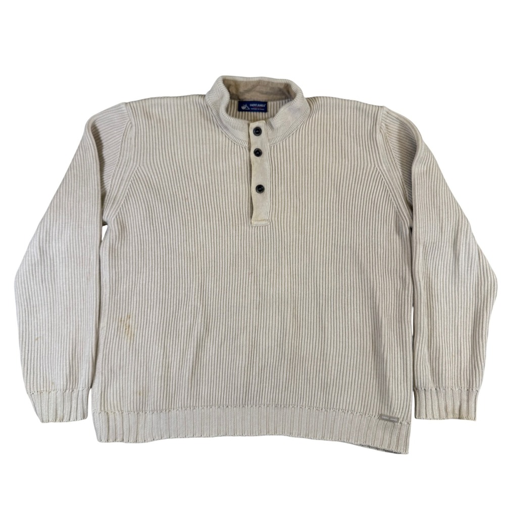 Saint James France Mens Ribbed Cotton Henley Sweater Cream Beige Mock Neck XXL